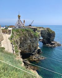 Scenic view of sea against clear blue sky