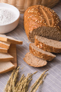 High angle view of wheat on table
