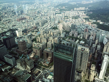 High angle view of modern buildings in city