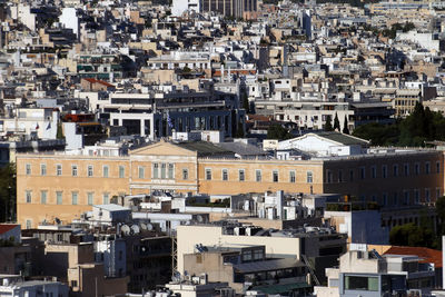 High angle view of buildings in city