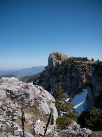 Rock formations against clear blue sky