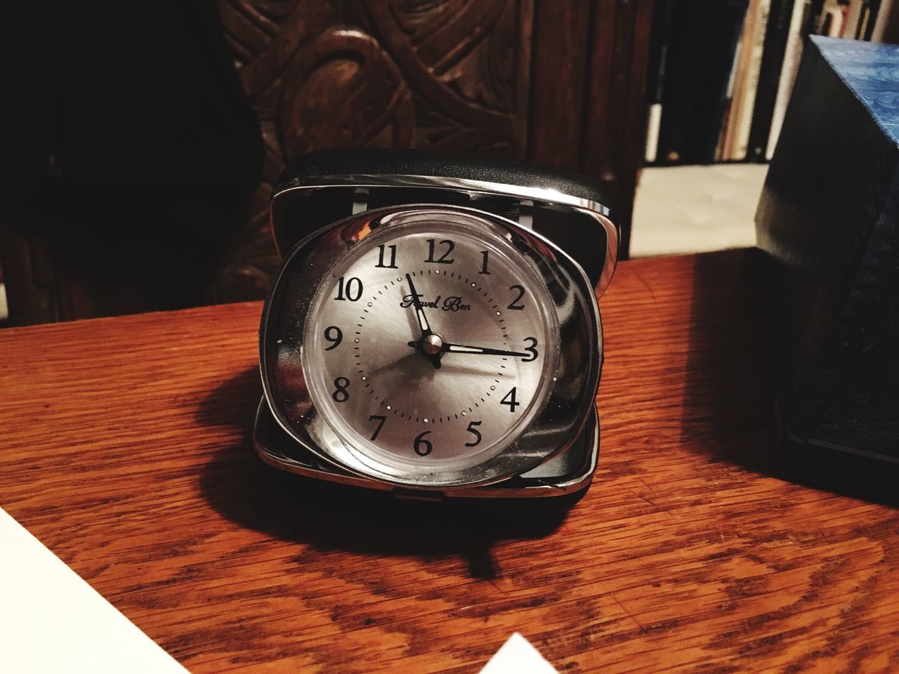 indoors, time, clock, old-fashioned, close-up, technology, retro styled, number, accuracy, table, communication, wood - material, antique, still life, high angle view, clock face, old, no people, single object, instrument of measurement