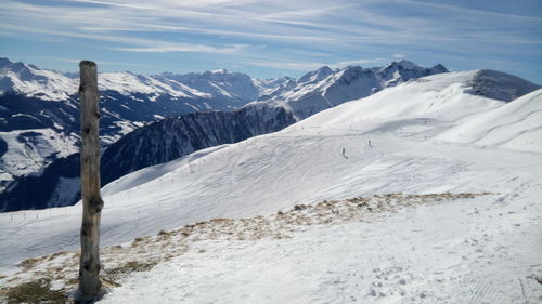 Scenic view of snowcapped mountains against sky