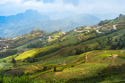 High angle view of green landscape against sky