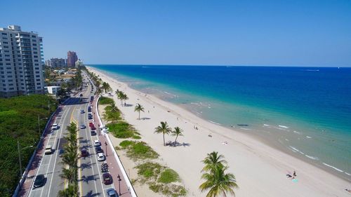 Panoramic view of beach against clear blue sky