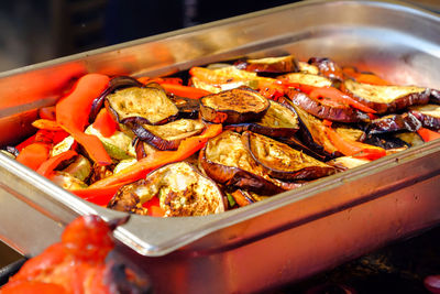 Close-up of vegetables in container on table