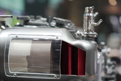 Close-up of machine part. motor part at autosalon geneva 2019