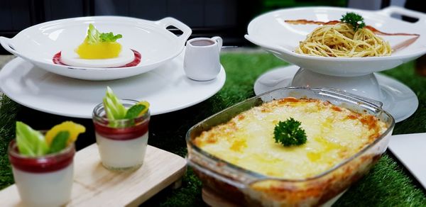 Close-up of food served on table