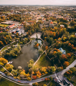 High angle view of buildings in city during autumn