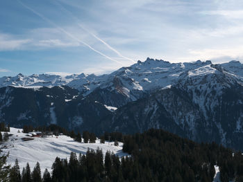 Scenic view of snowcapped mountains against sky