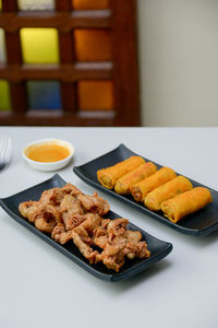 Close-up of food served on table