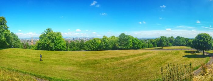 Scenic view of grassy field against sky