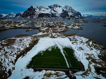 Popular football field on a little island in henningsvær henningsvaer, lofoten, norway