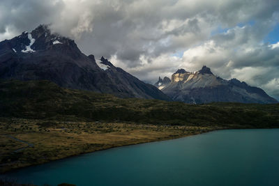 Scenic view of mountains and lake against sky