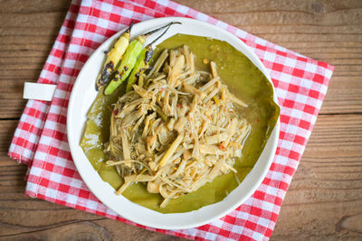 High angle view of food in plate on table