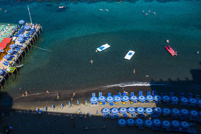 Aerial view of parasols on beach