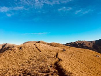 Scenic view of desert against blue sky