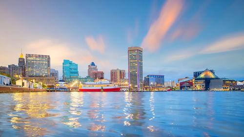 River by buildings against sky in city