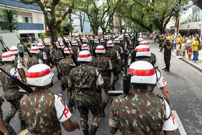 Soldiers of the army police are parading in the streets of salvador, on brazils independence day.