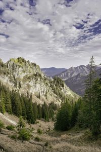 Scenic view of tegelberg mountains against sky