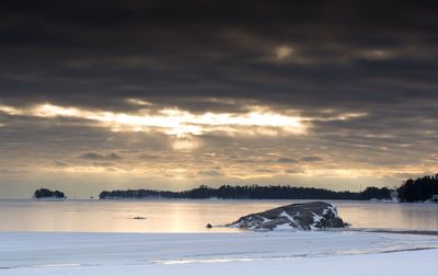 Scenic view of snow covered landscape against cloudy sky