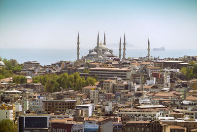 View of sultan ahmet blue mosque from galata tower in spring