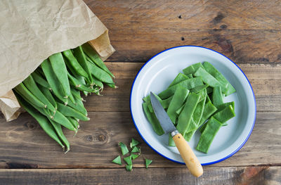 High angle view of salad in bowl on table