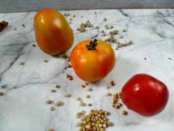 High angle view of tomatoes on table