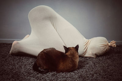 Person wrapped in fabric while bending by cat on carpet