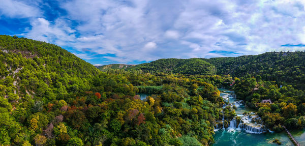 Panorama of krka national park with autumn colors of trees.