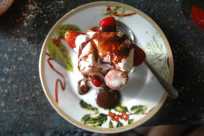 Directly above shot of dessert in plate on table