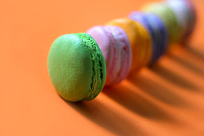 Close-up of multi colored balls on table