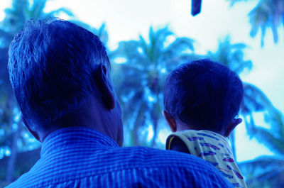 Rear view of man carrying grandson against trees