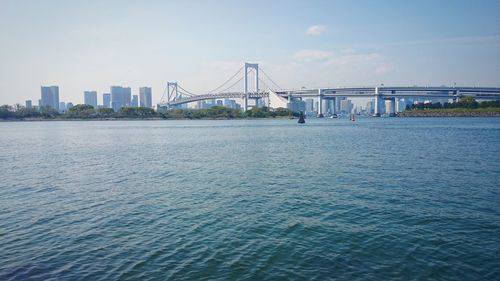 View of suspension bridge in city