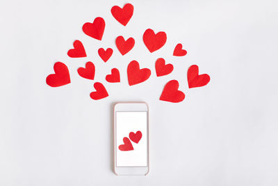 Close-up of red heart shape against white background