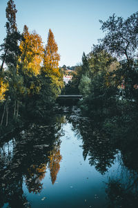 Reflection of trees in lake against sky during autumn