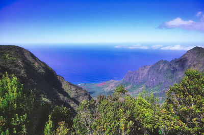 Scenic view of sea and mountains against blue sky