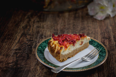 High angle view of cake in plate on table