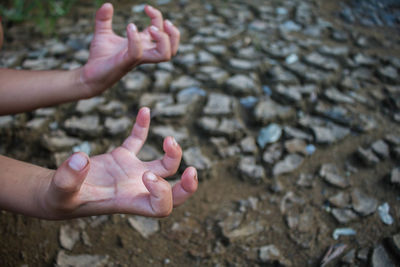 Cropped hands gesturing against field