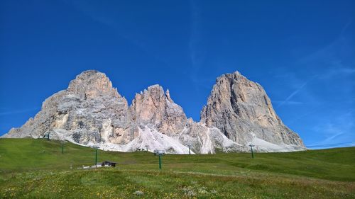 Panoramic view of arid landscape against blue sky