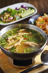 High angle view of soup in bowl on table