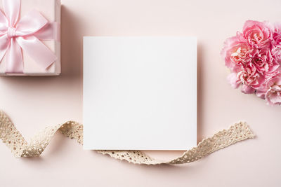 High angle view of pink flowers on table