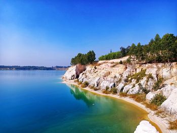 Scenic view of river against blue sky