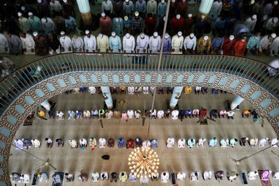 High angle view of group of people in temple