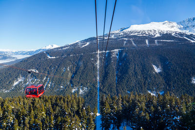 Overhead cable car on snowcapped mountains