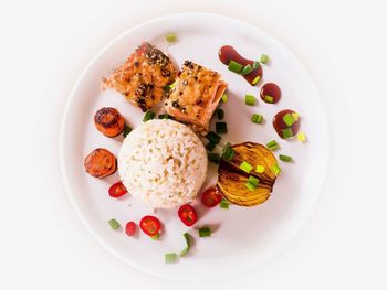 High angle view of food served in plate