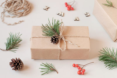 A christmas gift, packed in kraft paper and decorated with a pine branch and a cone. 