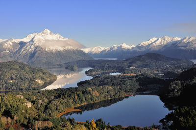 Scenic view of lake and mountains against clear sky