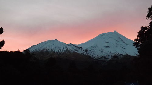 Scenic view of snowcapped mountains against sky at night