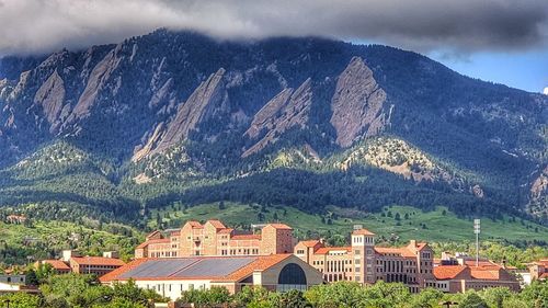 Panoramic view of buildings and mountains against sky